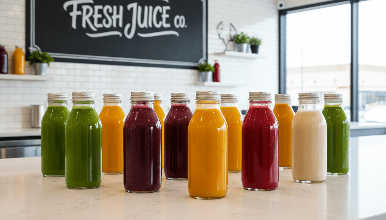 Colorful cold-pressed juice bottles lined up on a bright counter at a modern juice bar