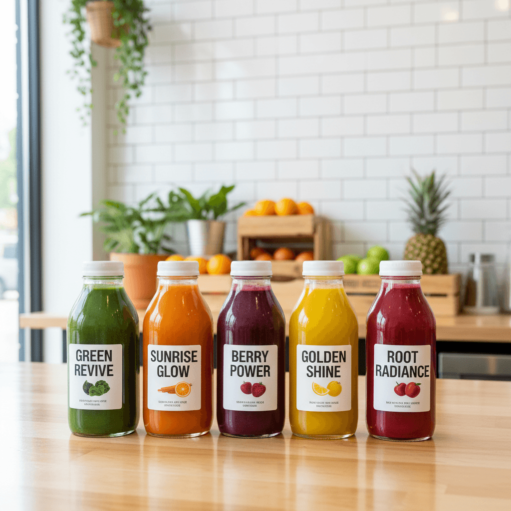 Colorful cold-pressed juice bottles lined up on a counter