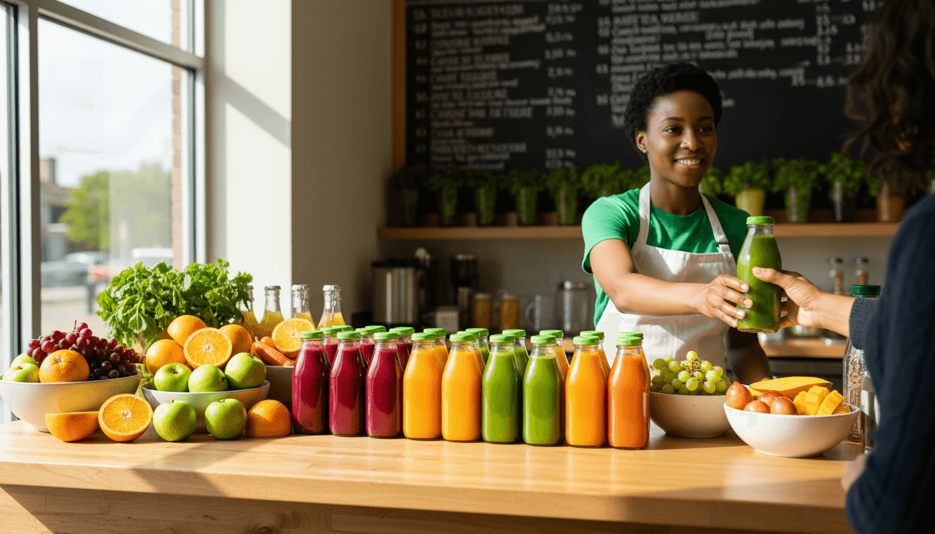 Juice bar staff member handing a cold-pressed juice to a customer