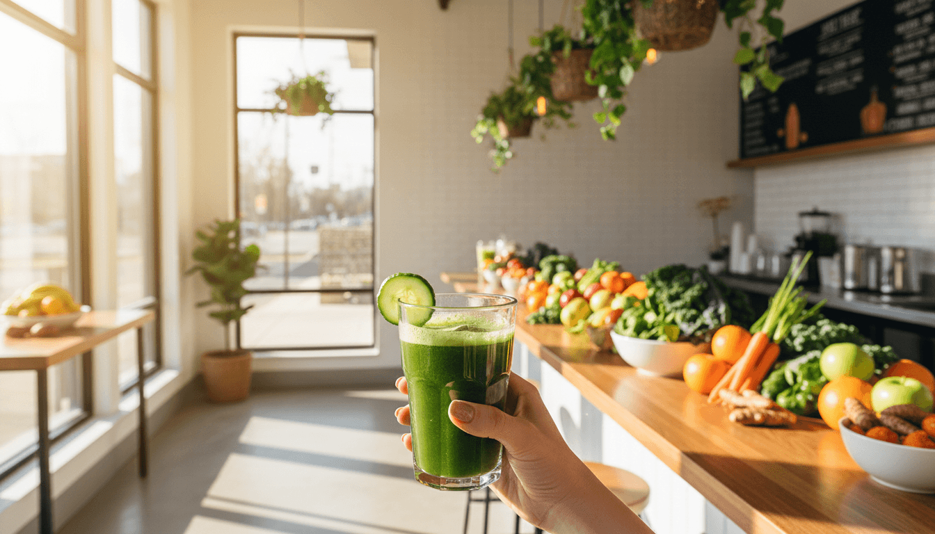 Hand holding a glass of fresh green juice in a bright juice bar