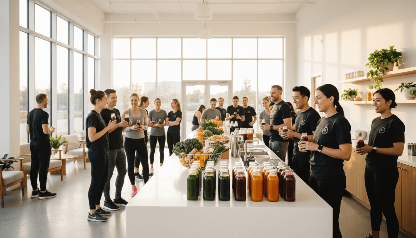 Juice bar station at a corporate event with colleagues gathering around