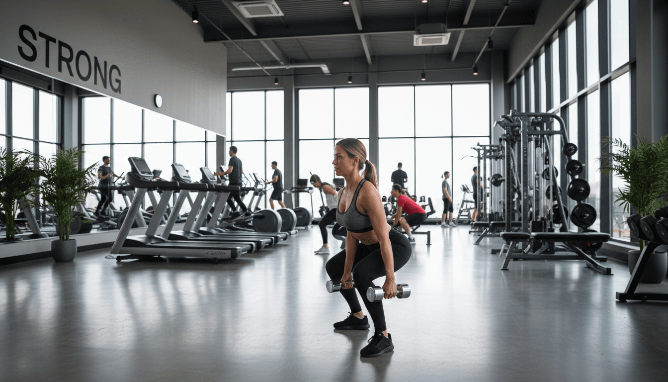 Athletic person tying running shoes in a bright modern gym with natural light
