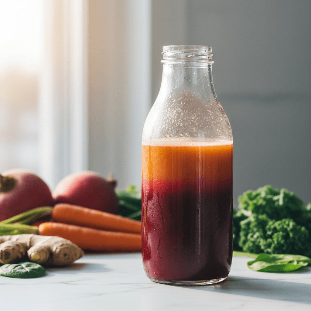 Colorful cold-pressed juices lined up on a bright counter at a juice bar