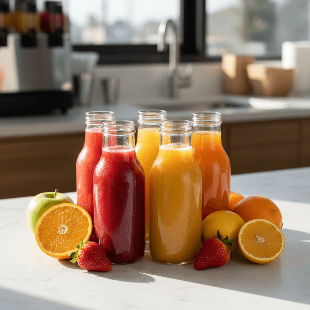 Fresh cold-pressed juice bottles on a bright counter with fruits and vegetables