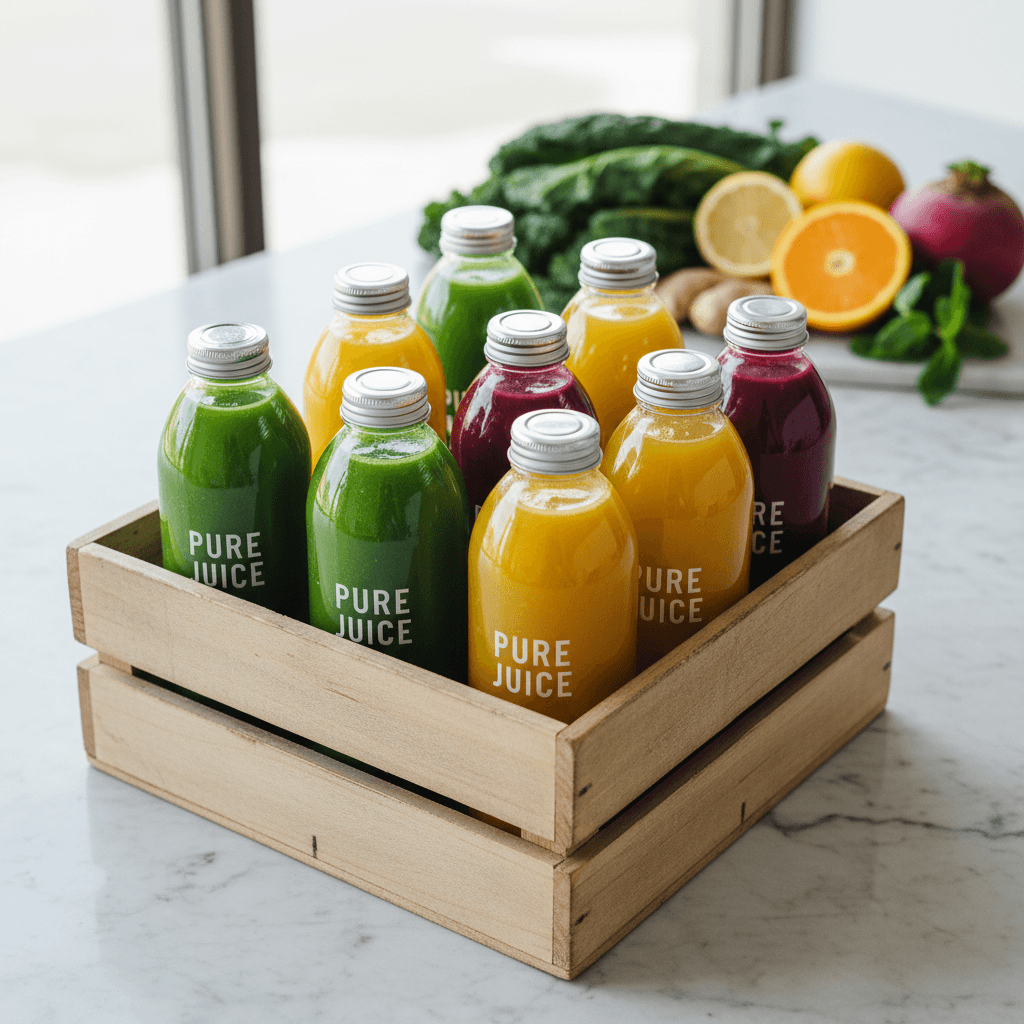 Colorful cold-pressed juices in glass bottles on a bright counter