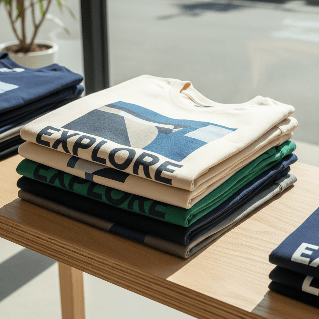 Stacked athletic t-shirts and shorts
